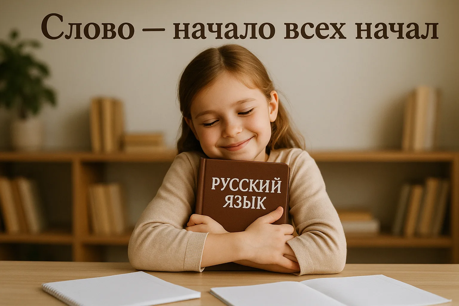 Девочка обнимает книгу по русскому языку с пословицей