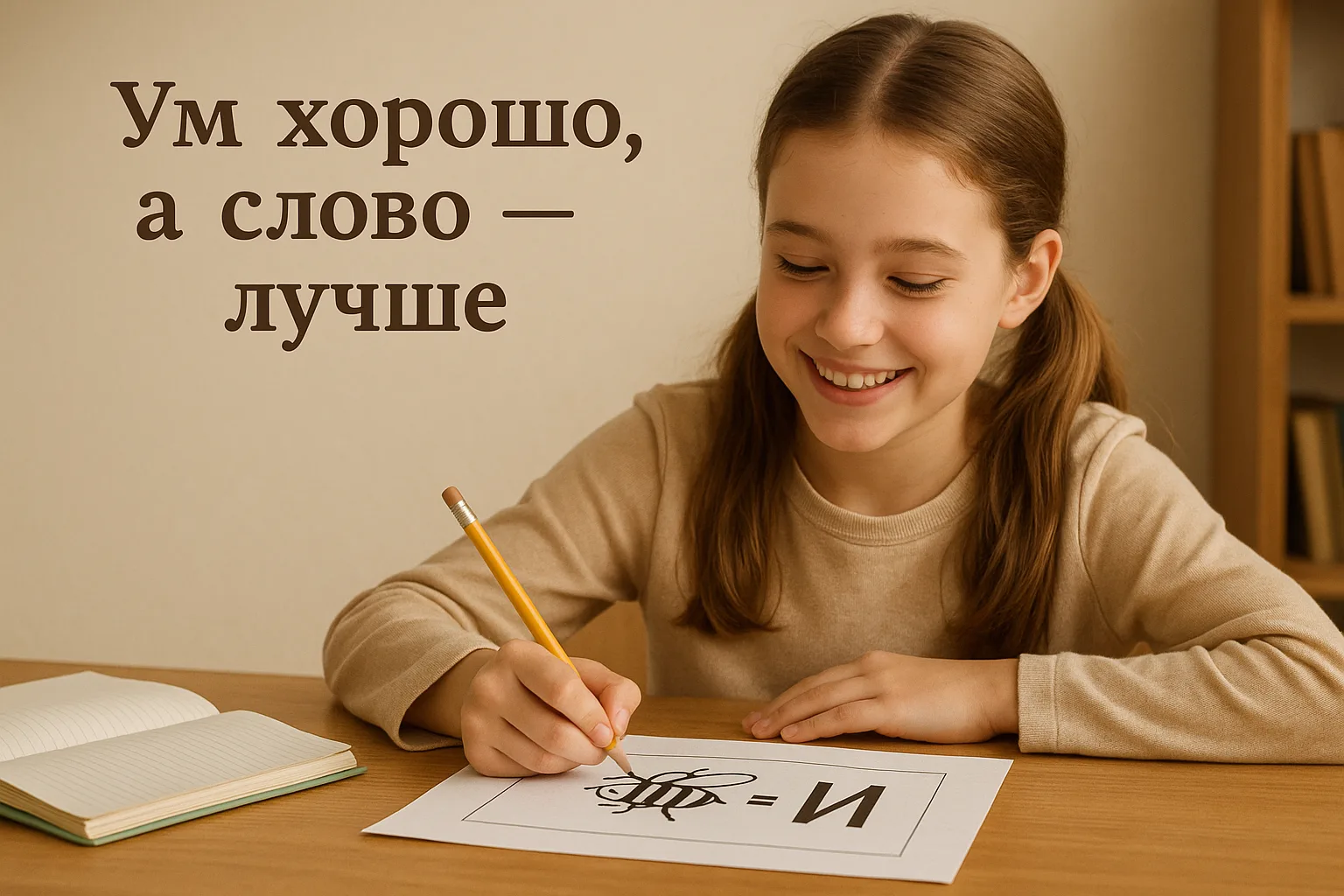 Девочка решает орфографический ребус с фразой о русском языке