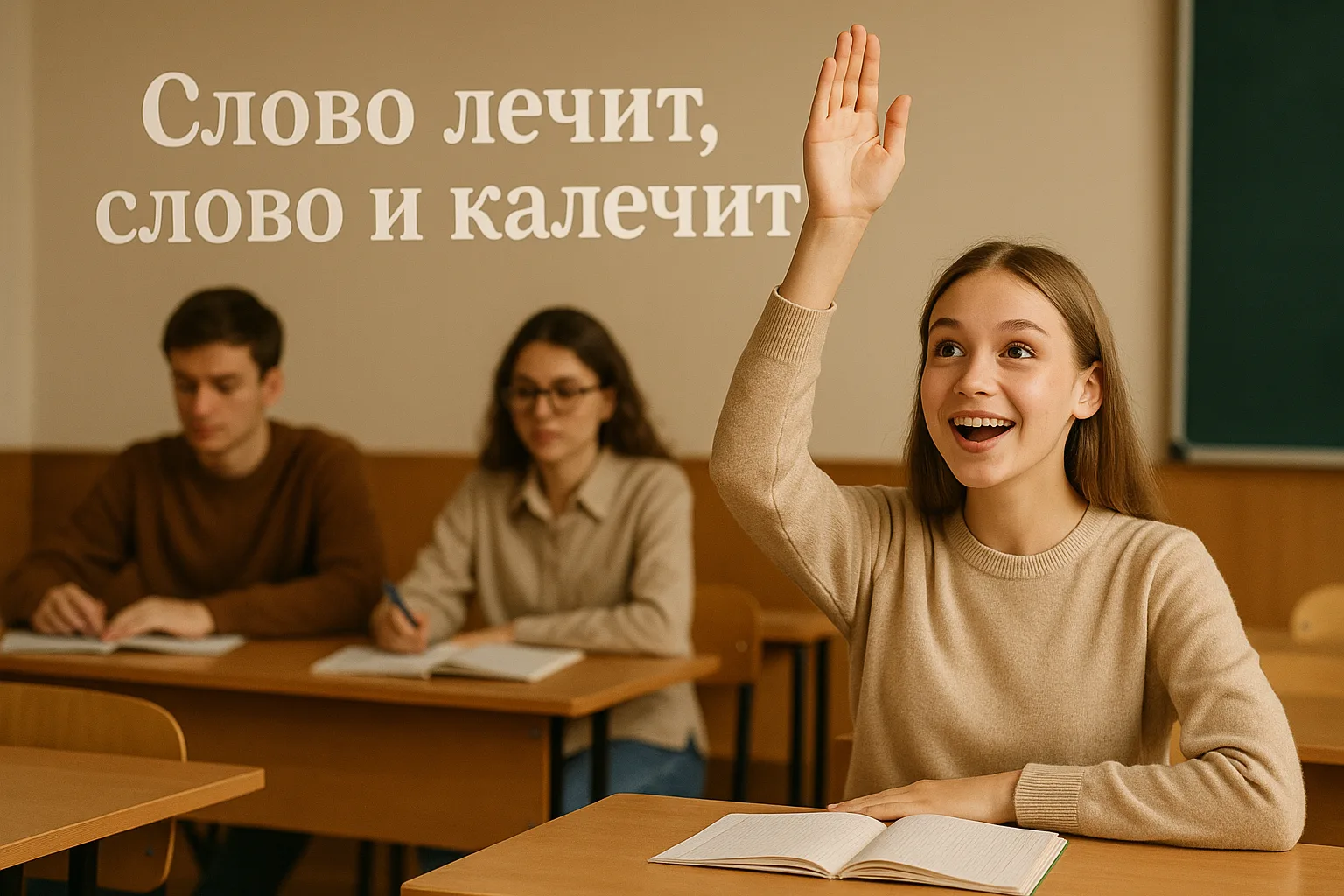 Девушка на уроке русского языка тянет руку