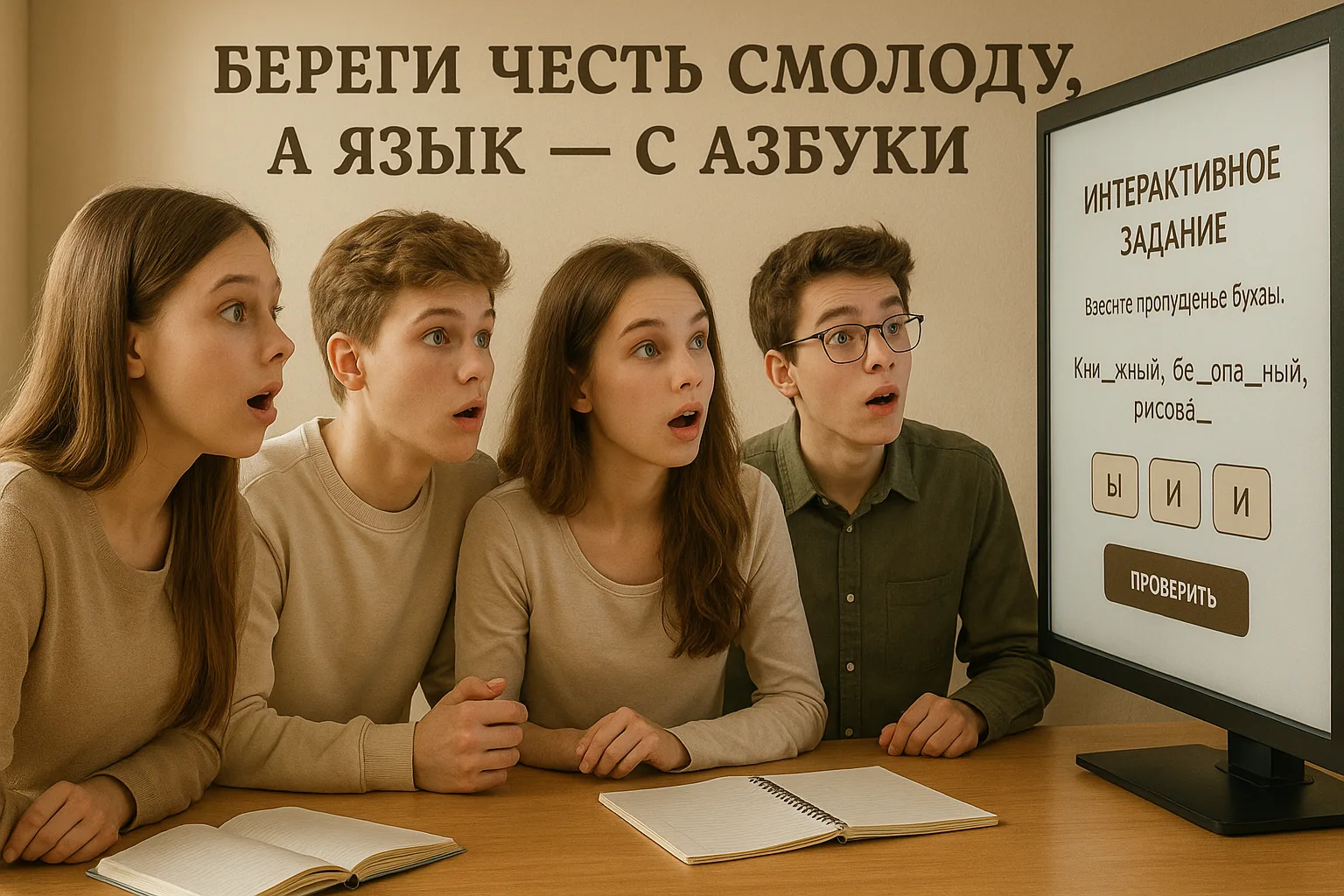 Школьники изучают русский язык с помощью экрана