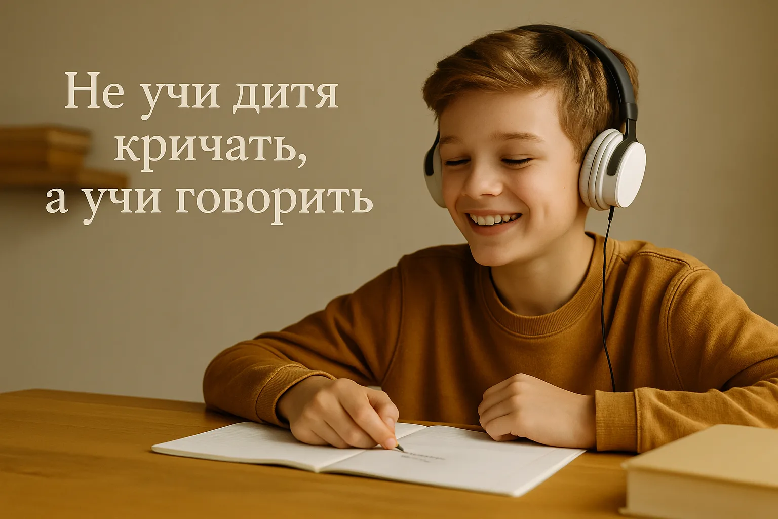 Мальчик изучает русский язык через аудиоурок