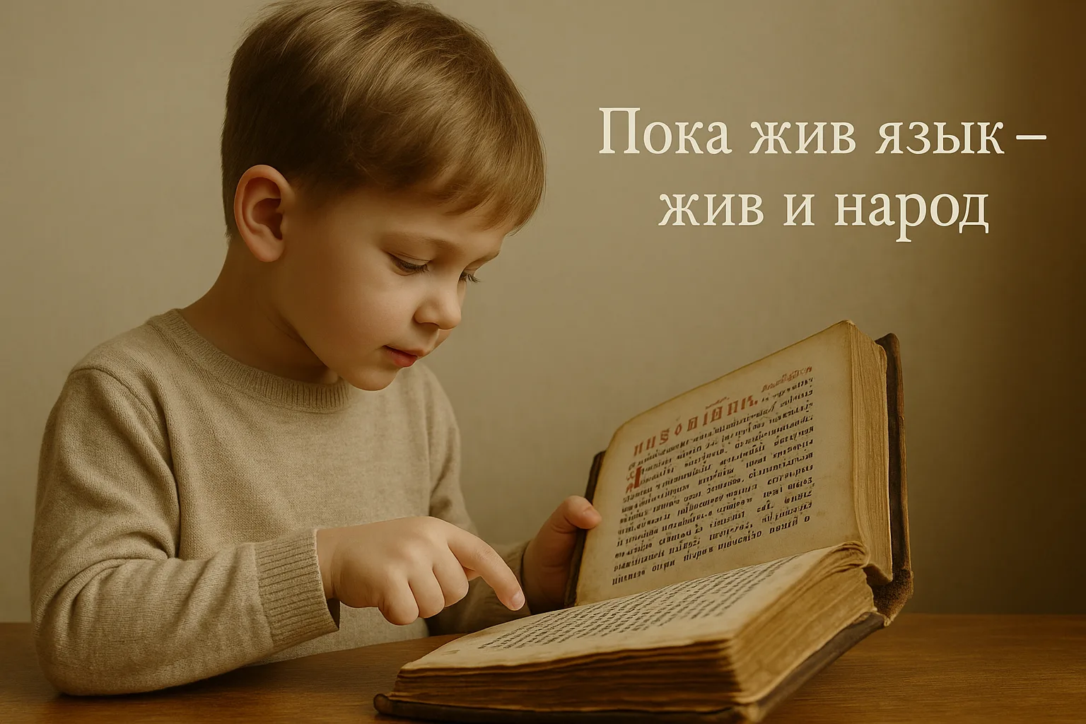 Ребёнок изучает старославянскую книгу по русскому языку