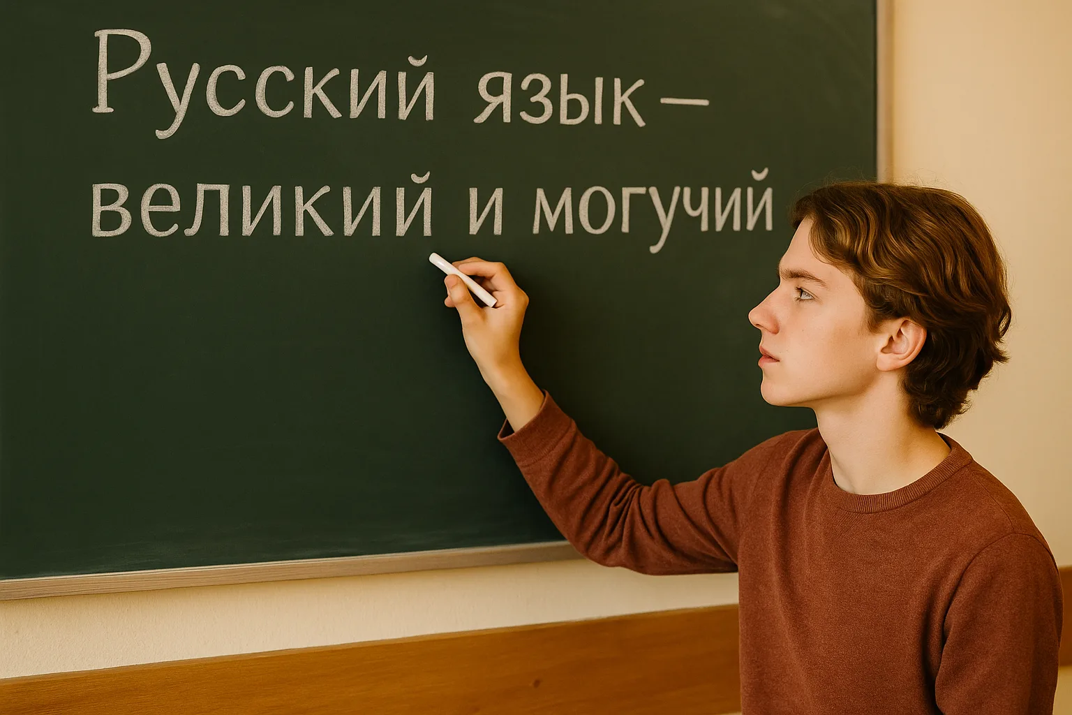 Подросток пишет на доске на уроке русского языка с парящей фразой