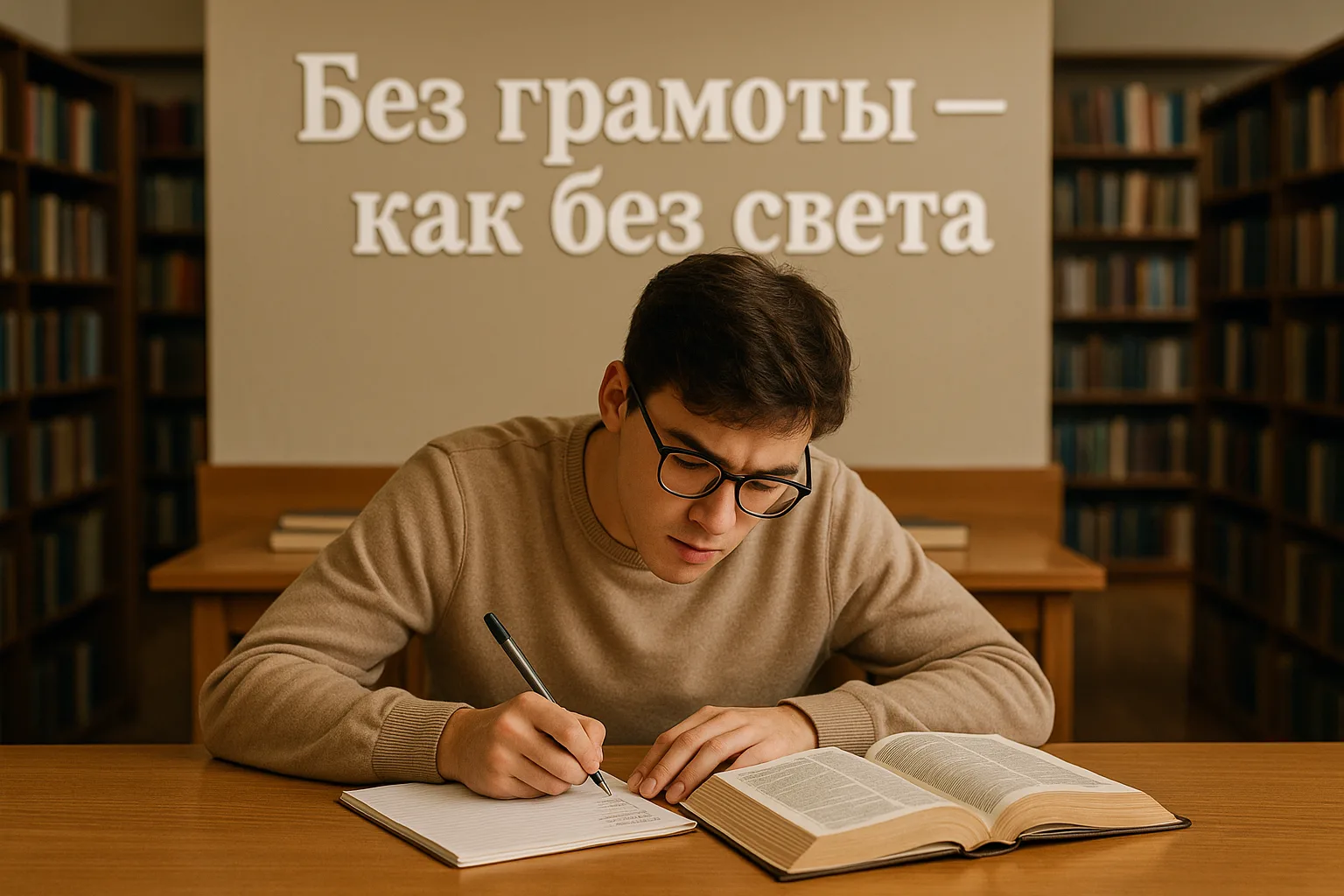 Студент работает со словарём русского языка в библиотеке