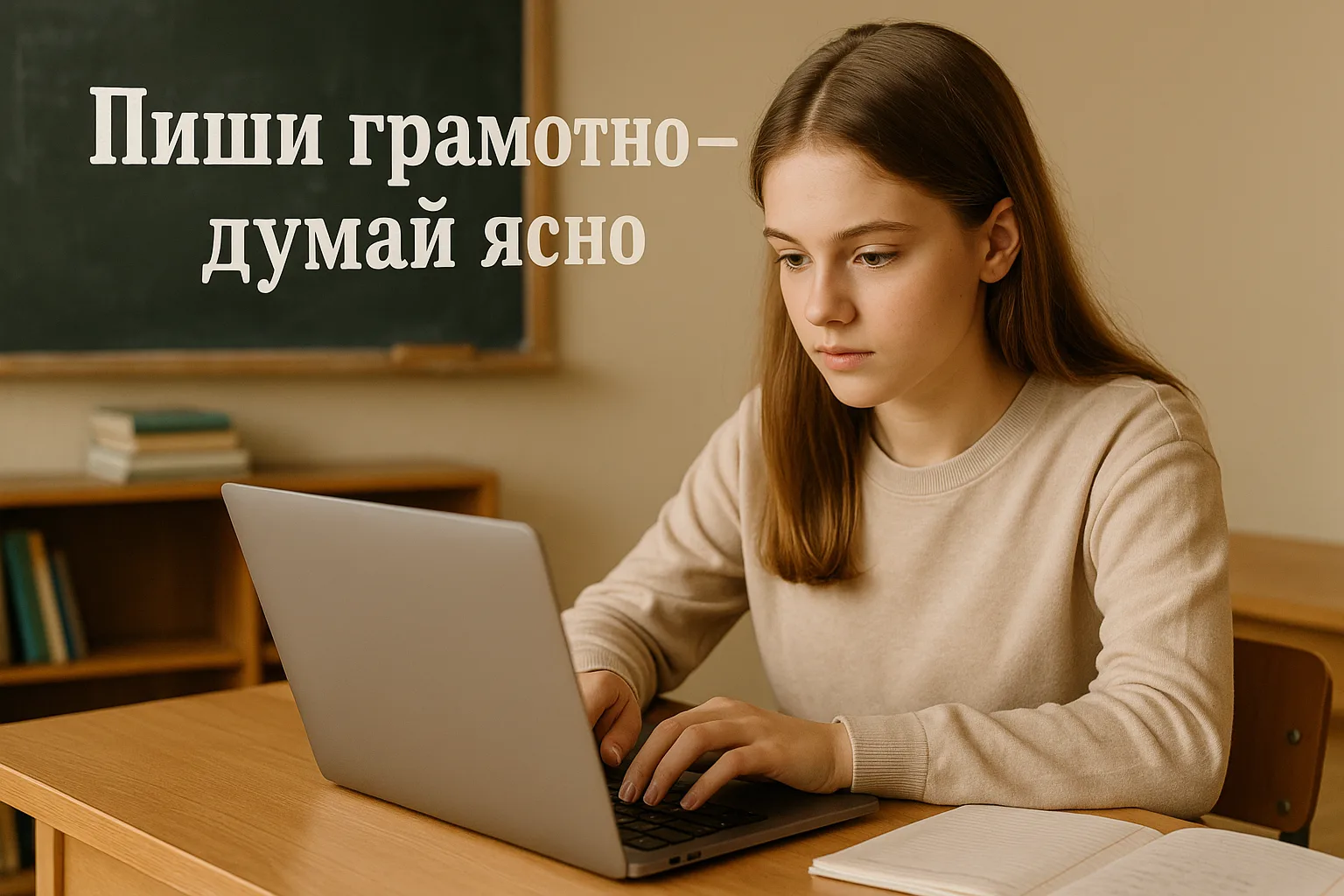 Девочка пишет сочинение по русскому языку на ноутбуке