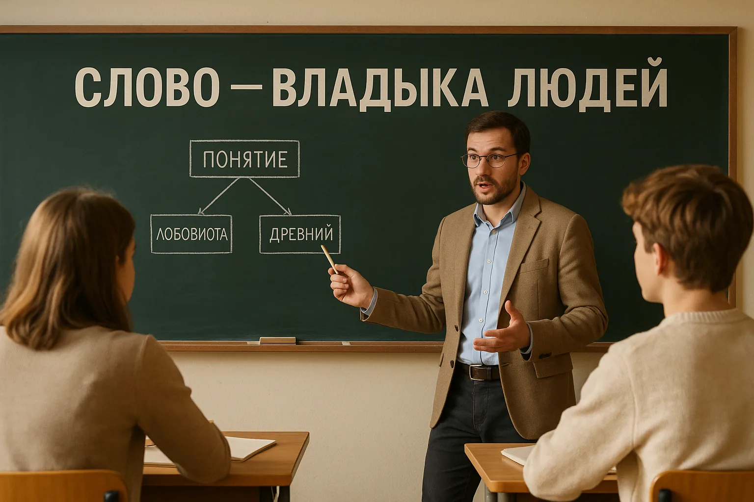 Учитель объясняет тему на уроке русского языка у доски