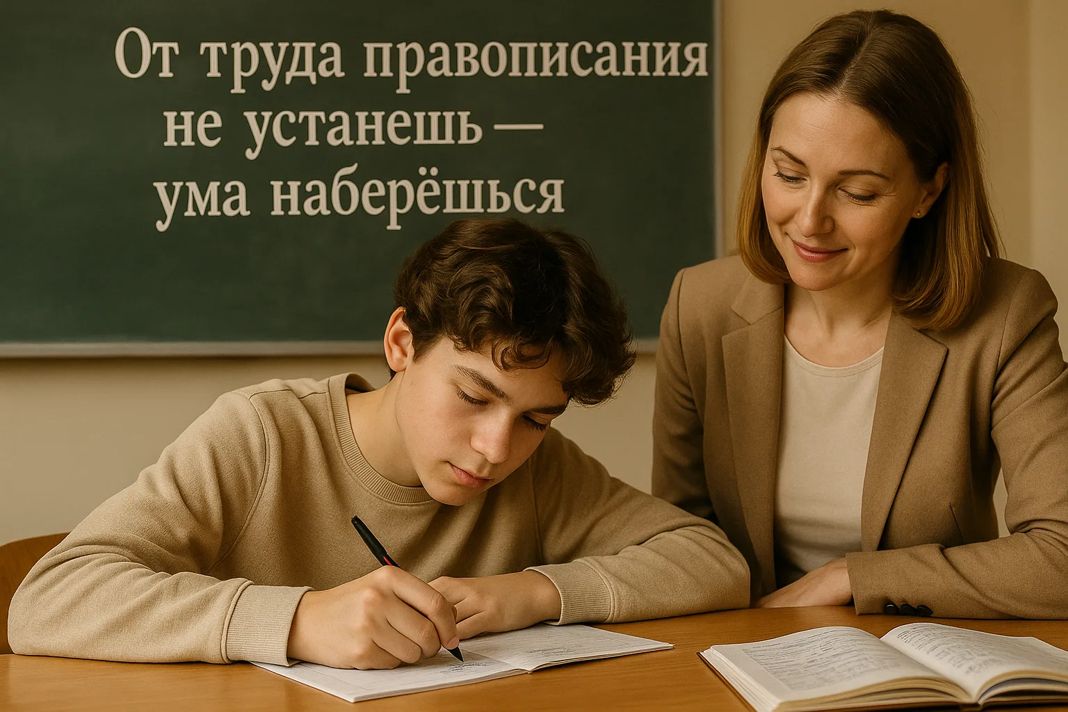 Юноша исправляет ошибку в тетради на уроке русского языка